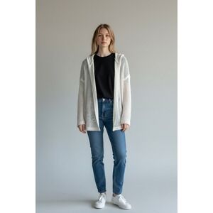 Forever 21‎ White  Crochet Knit Hooded Beach Coverup Cardigan Vacation Boho